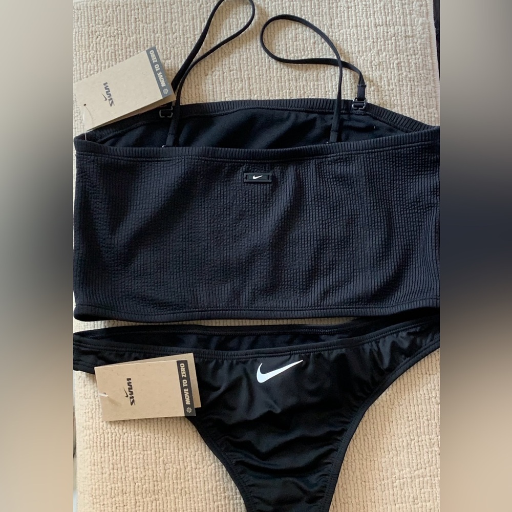 Nike 2 Piece Set Bandeau Bikini Black Ribbed Crop Top & Sling Cheeky Swim Bottom